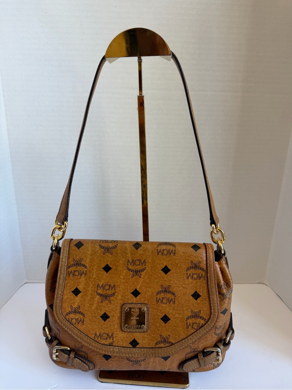 MCM Cognac Logo Leather Shoulder Bag